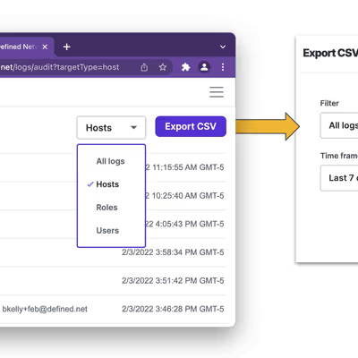 A snapshot of Defined Networking admin panel demonstrating export of filtered audit logs.