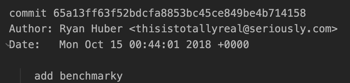 Screenshot of git commit from October 15, 2018, titled 'add benchmarky'
