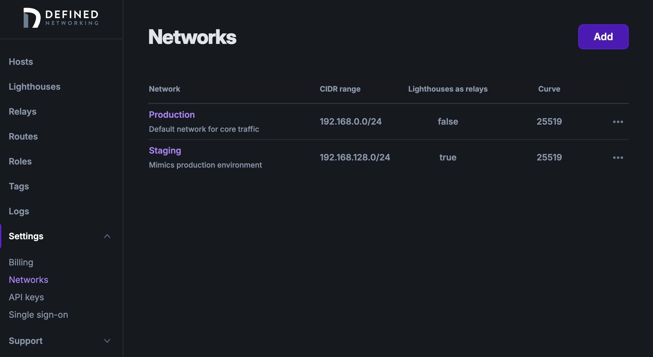 A screenshot of the Network management page of the Defined Networking admin panel, showing two networks, one named Production and the other Staging, with similar IP address ranges, but only the Staging network uses lighthouses as relays.