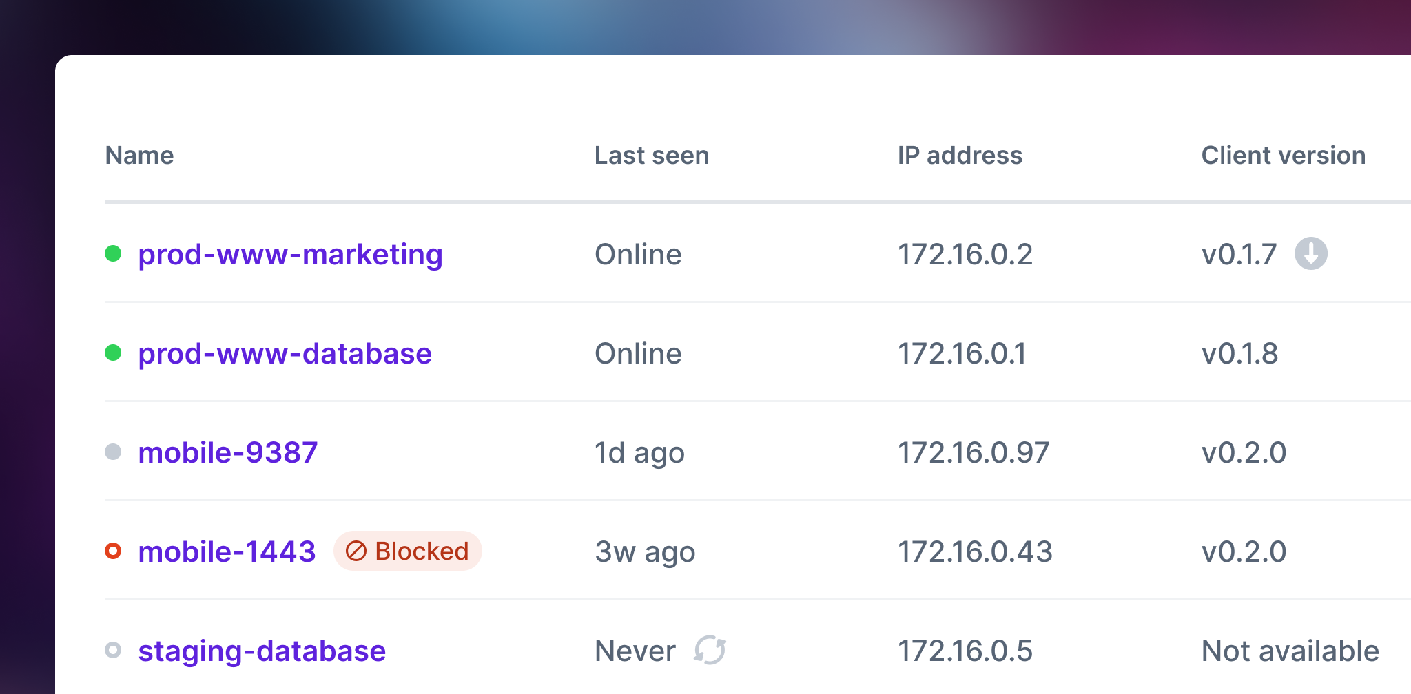 Screenshot of Managed Nebula admin panel showing host status