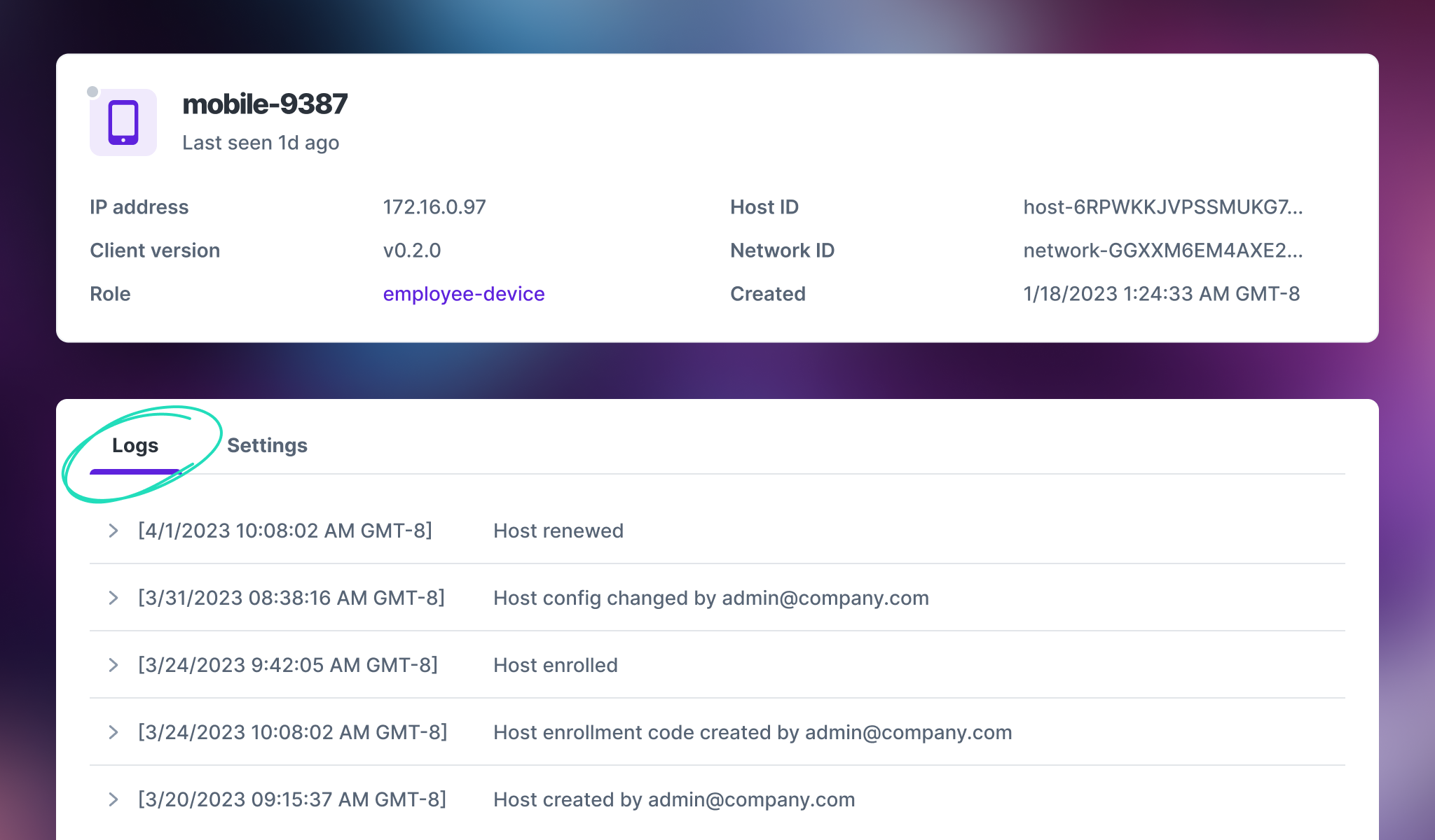 Screenshot of Managed Nebula admin panel showing host detail page with audit logs