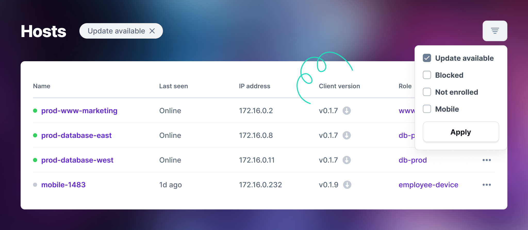 Screenshot of Managed Nebula admin panel with filtered results