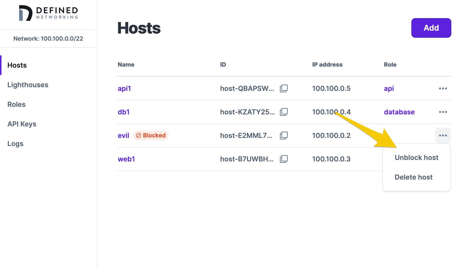 Example of unblocking a host in the DN admin panel.